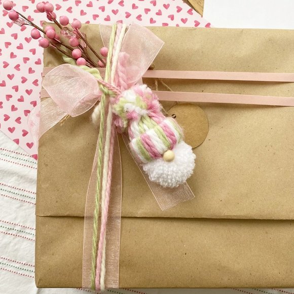 Valentine's Day Handmade Gnome Pom Pom Mini Knit Hat Charm Topper Gift Wrap Hang - Picture 2 of 4